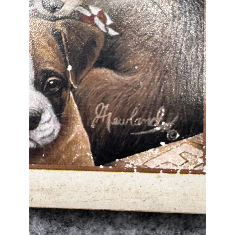 Vintage G Hanland Puppy Love Stone Coasters Set of 3 Cork Backed Dog Art 4x4